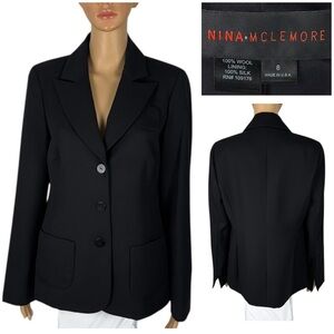 Nina Mclemore Womens 8 Blazer Black 100% Wool Silk Lining 3 Buttons USA Made EUC